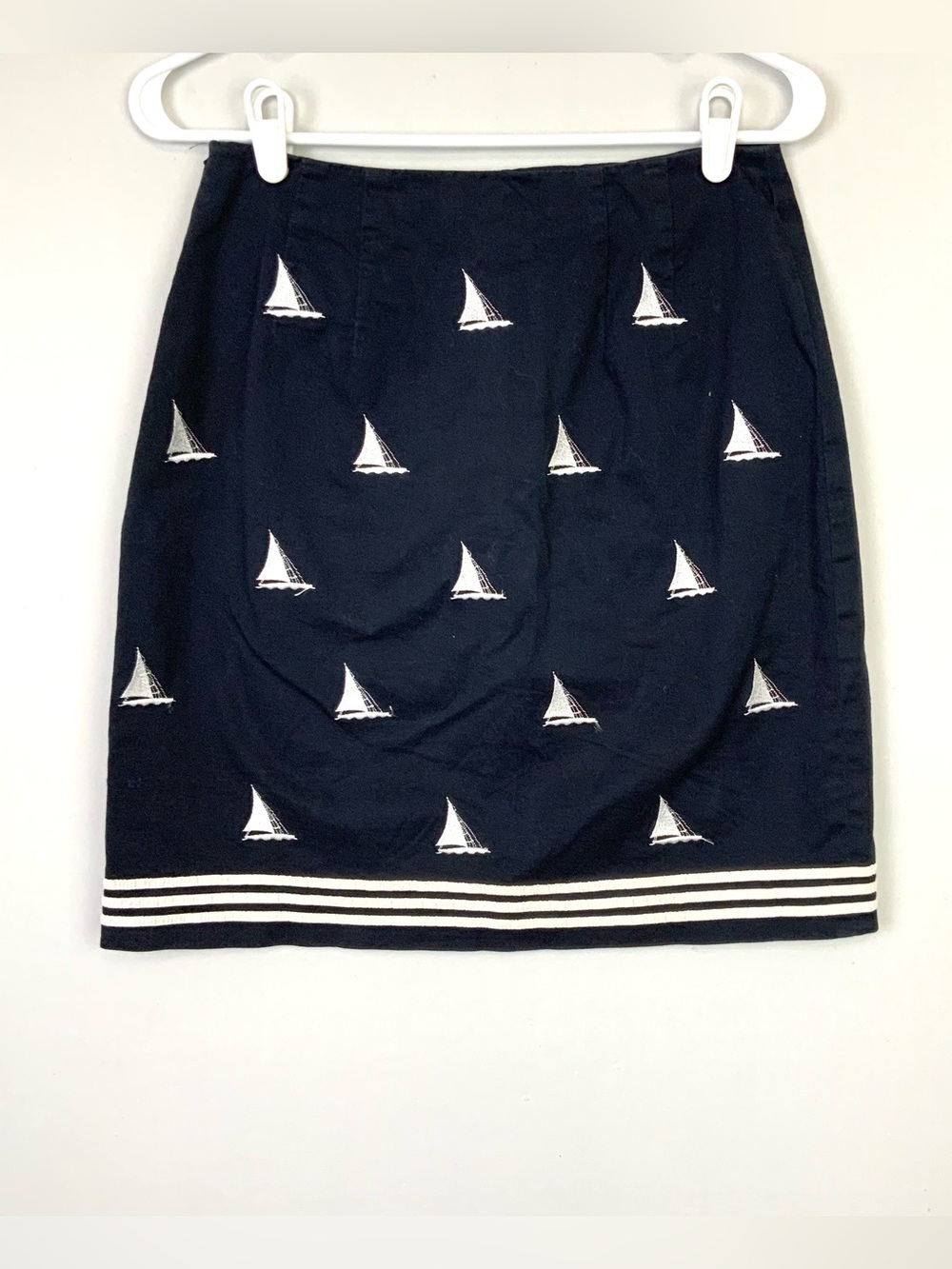 VTG Talbots Petites Sz 6P Navy Blue Sailboat Embroidered Summer Skirt Cotton - Picture 1 of 7